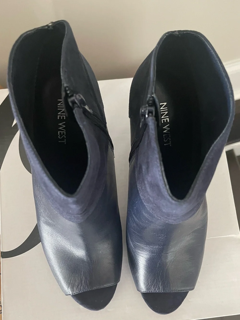 EUC Women’s Navy Peep-Toe Leather Ankle Boots